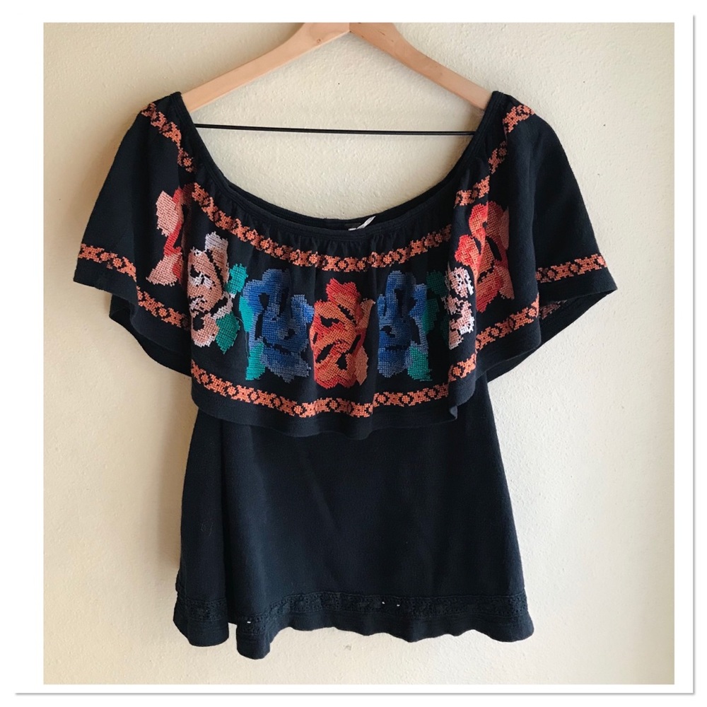 Free People To The Left Embroidered Top Black Size Medium